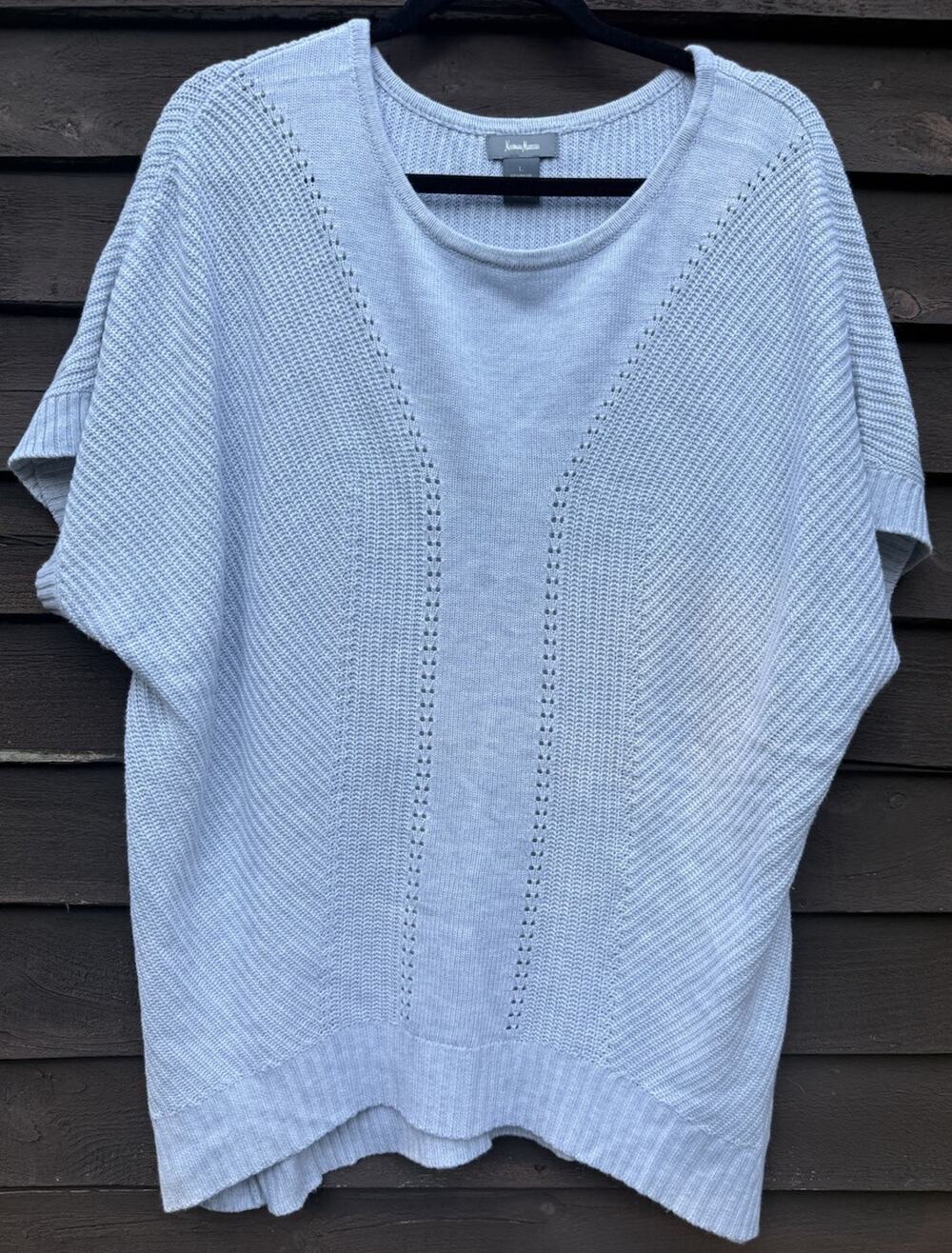 Neiman Marcus Women's Blue Solid Knit Crew Neck Short Sleeve Pullover Sweater L
